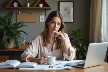 Jeune femme au bureau regardant ses portfolios design