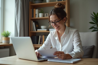 Femme française en tenue professionnelle dans un bureau à domicile