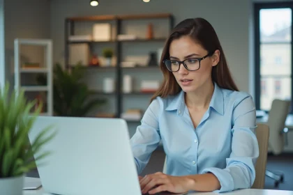 Femme au bureau vérifiant une page de statut sur son ordinateur