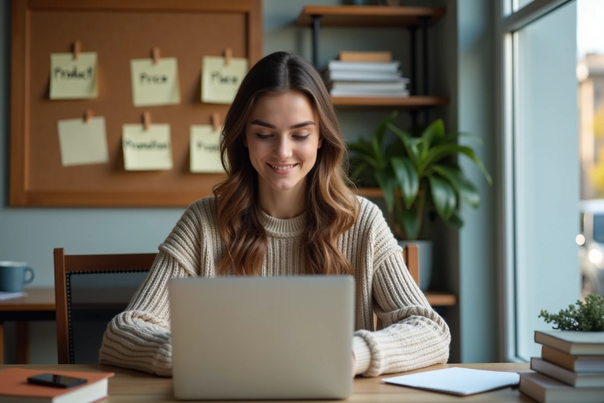 Jeune femme travaillant sur son ordinateur dans un espace cosy
