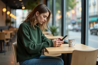 Femme concentrée utilisant son smartphone dans un café