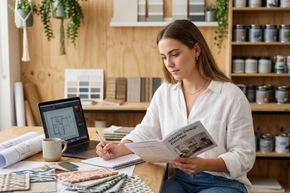 Jeune femme concentrée en design d'intérieur dans un studio