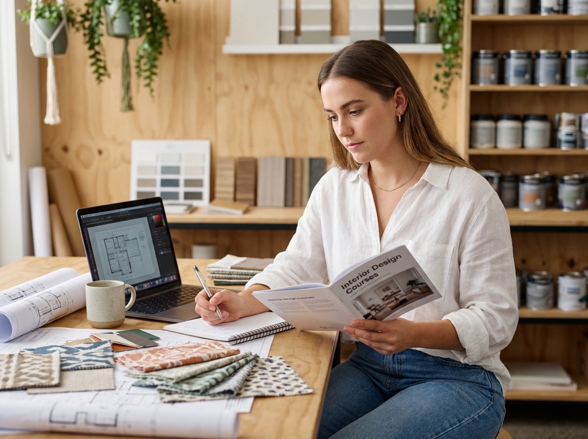 Jeune femme concentrée en design d'intérieur dans un studio
