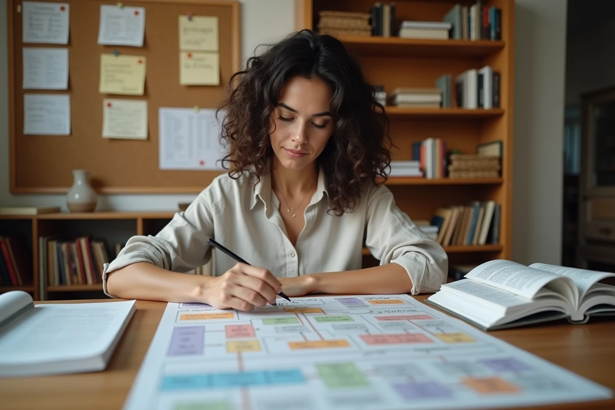 Femme étudiant le subjonctif imparfait espagnol avec des schémas visuels et des tableaux de conjugaison sur un bureau en bois
