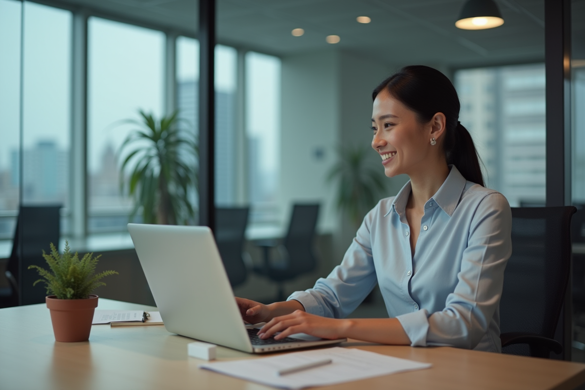 Femme professionnelle travaillant sur un ordinateur dans un bureau calme