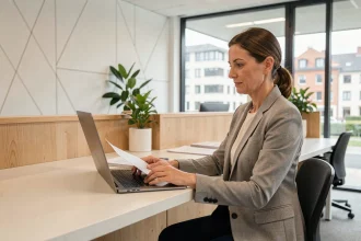 Femme consultant ses documents administratifs au guichet de Pia convergence Grenoble