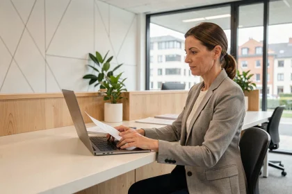 Femme consultant ses documents administratifs au guichet de Pia convergence Grenoble