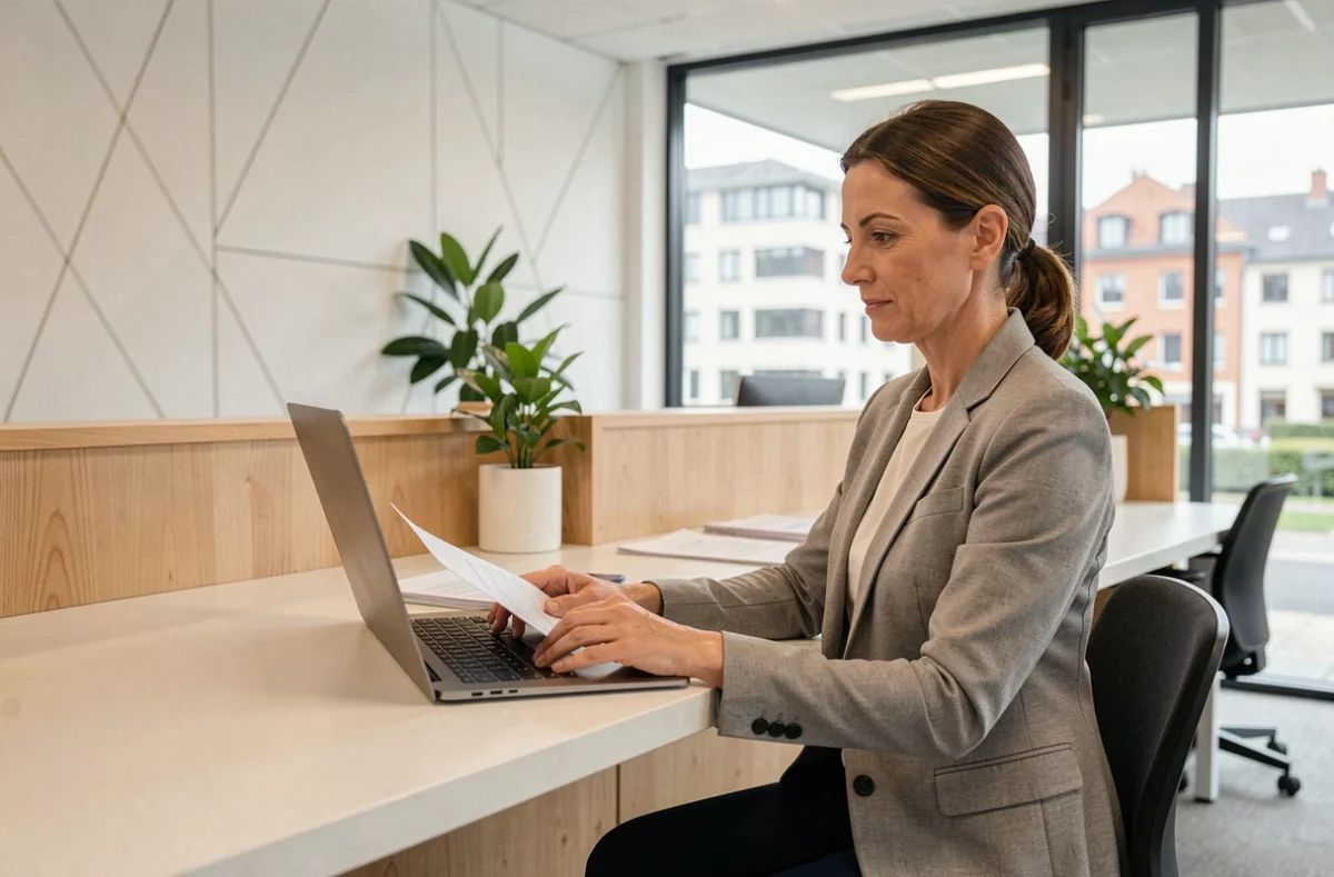 Femme consultant ses documents administratifs au guichet de Pia convergence Grenoble