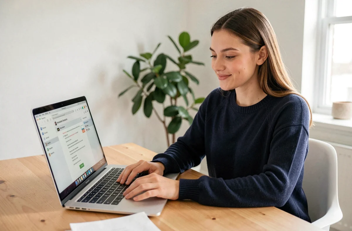 Jeune femme professionnelle consultant sa messagerie AC Strasbourg sur un ordinateur portable depuis son bureau à domicile