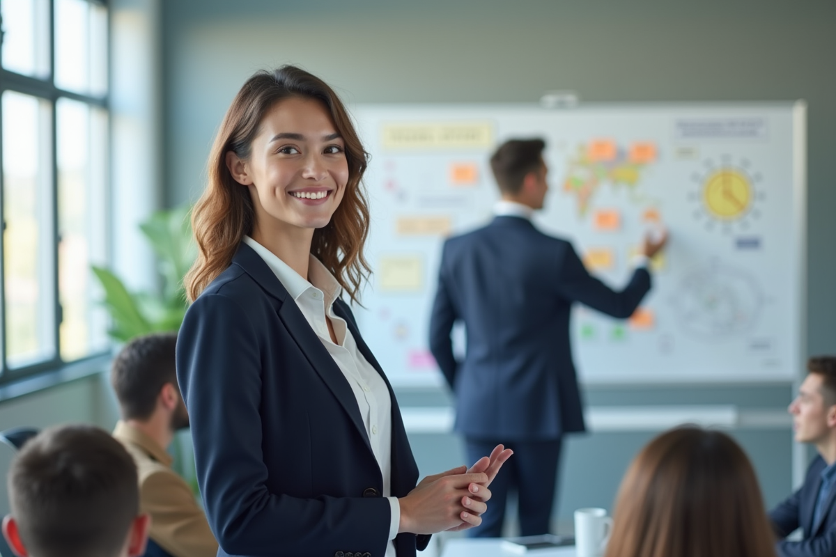 Jeune femme présentant des diagrammes en réunion