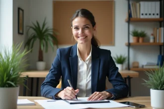 Femme en blazer bleu dans un bureau moderne