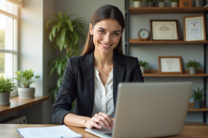 Femme confiante en bureau lumineux pour article titre