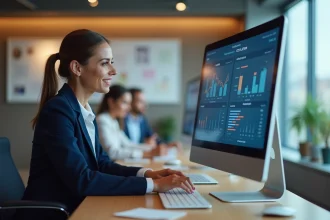 Femme professionnelle analysant un tableau de bord logiciel newsletter dans un bureau marketing moderne
