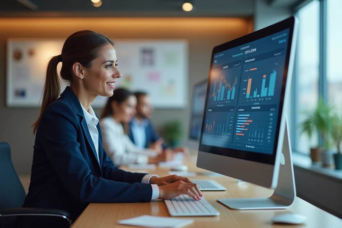 Femme professionnelle analysant un tableau de bord logiciel newsletter dans un bureau marketing moderne