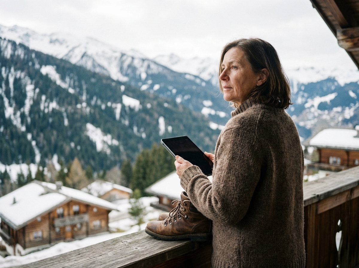 Femme en sweater en balcon avec vue montagne