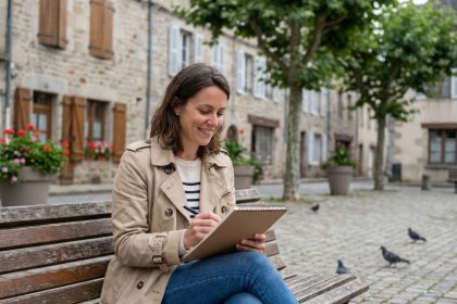 Femme en trench et jeans dans un parc à Guéret