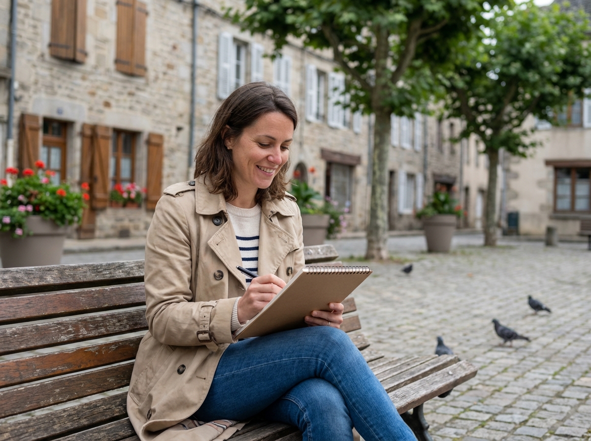 Femme en trench et jeans dans un parc à Guéret