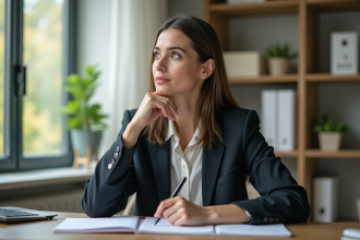 Femme en réflexion dans un bureau moderne et lumineux