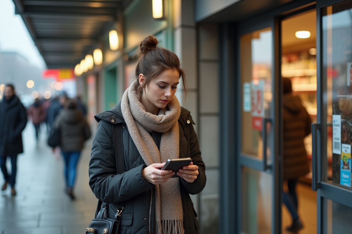 Jeune femme regardant son portefeuille devant le supermarché