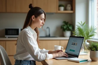 Femme concentrée sur son ordinateur dans une cuisine lumineuse