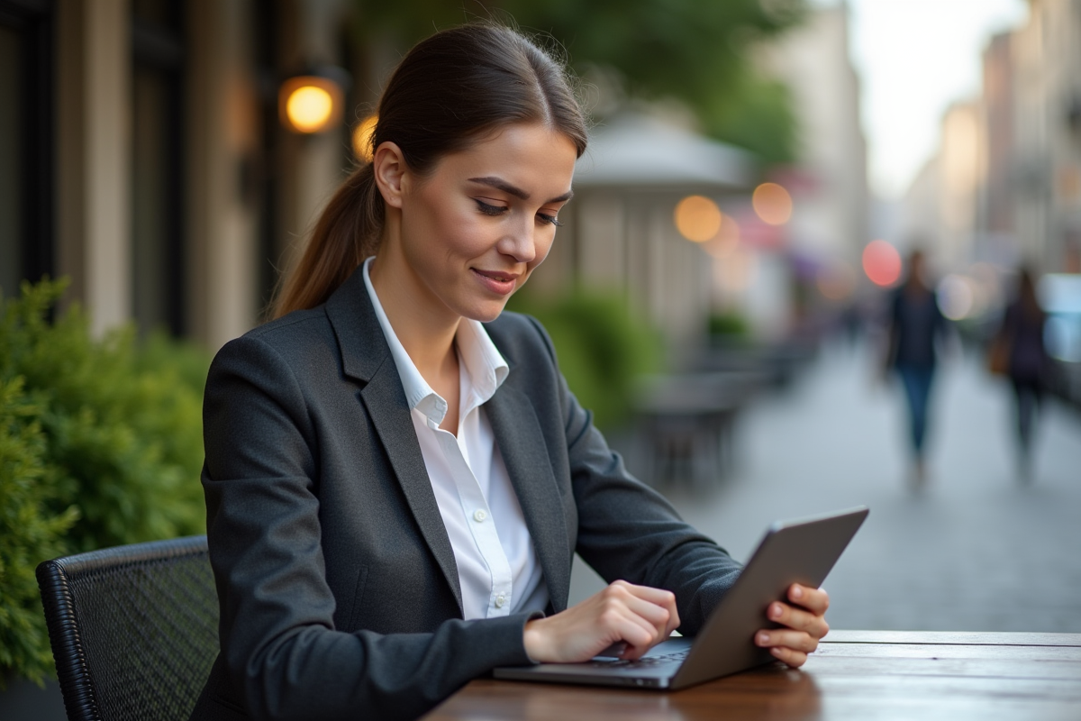 Femme d affaires travaillant sur une tablette en extérieur