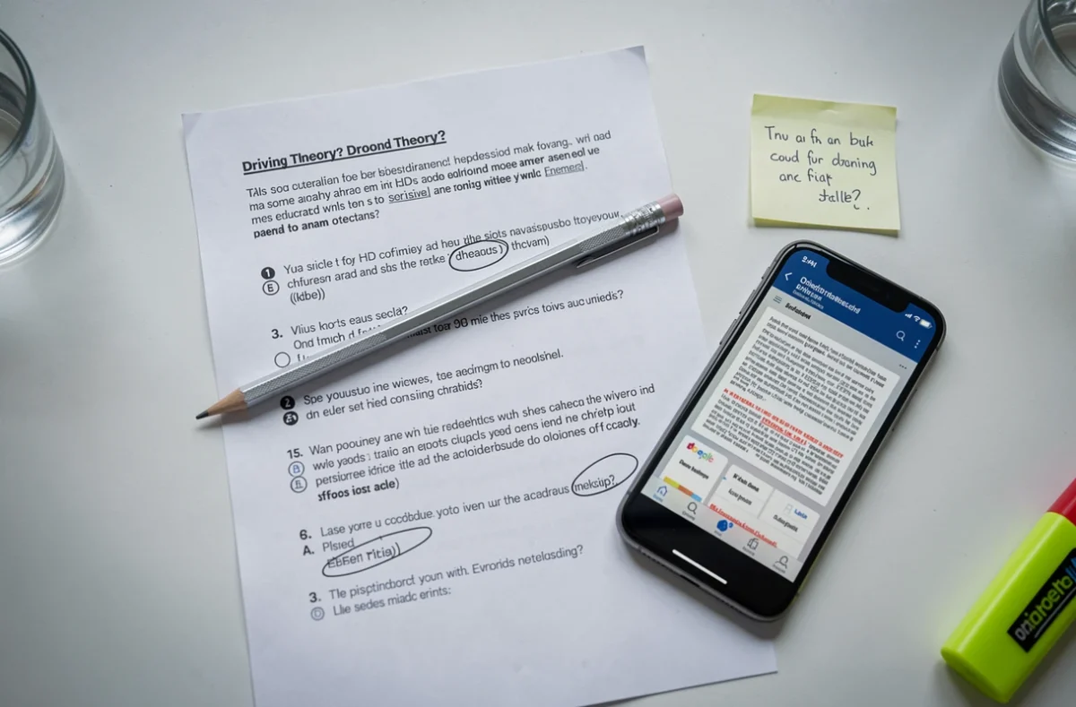 Vue aérienne d'une feuille de questions de permis de conduire imprimée depuis un PDF avec un crayon et un smartphone