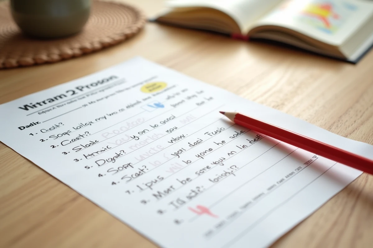 Fiche de lecture CE2 imprimée avec des réponses manuscrites posée sur une table en bois