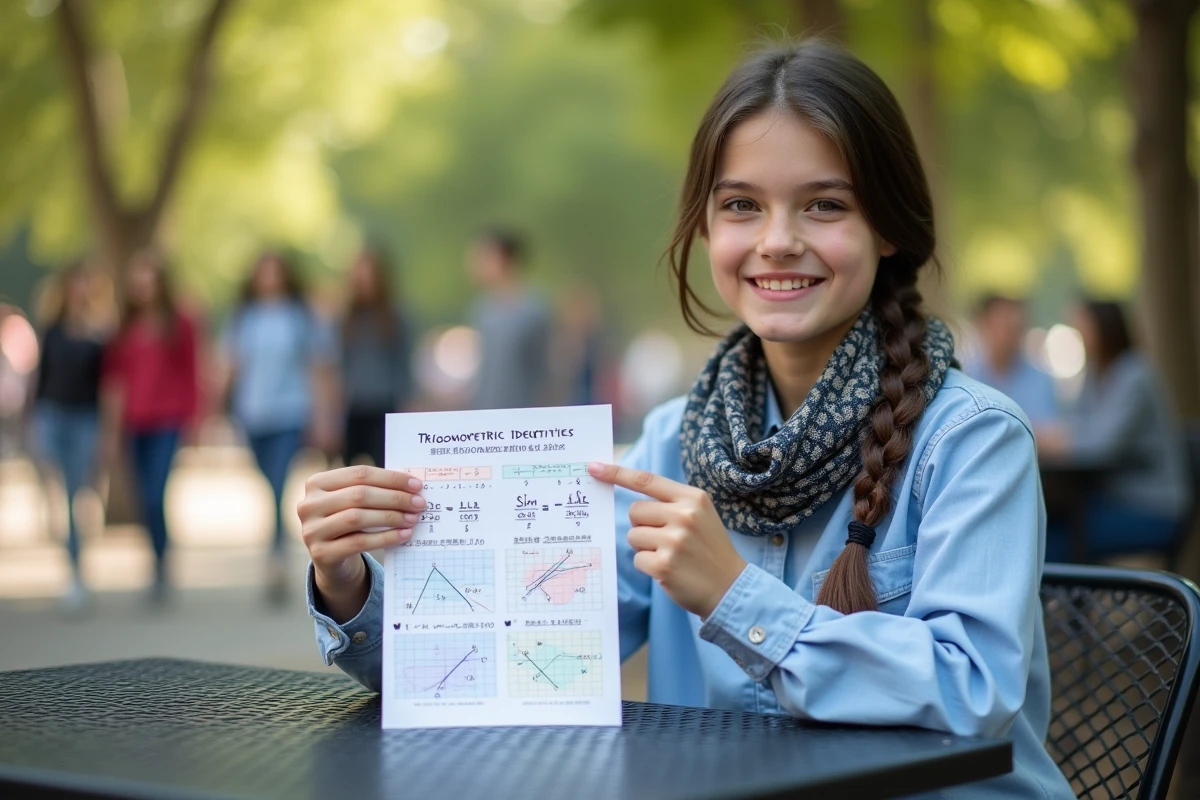 Fille pointant un résumé de trigonometrie en extérieur