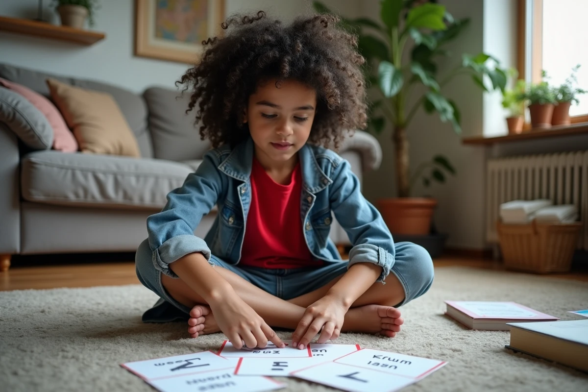 Adolescente trie des cartes de grammaire française à la maison