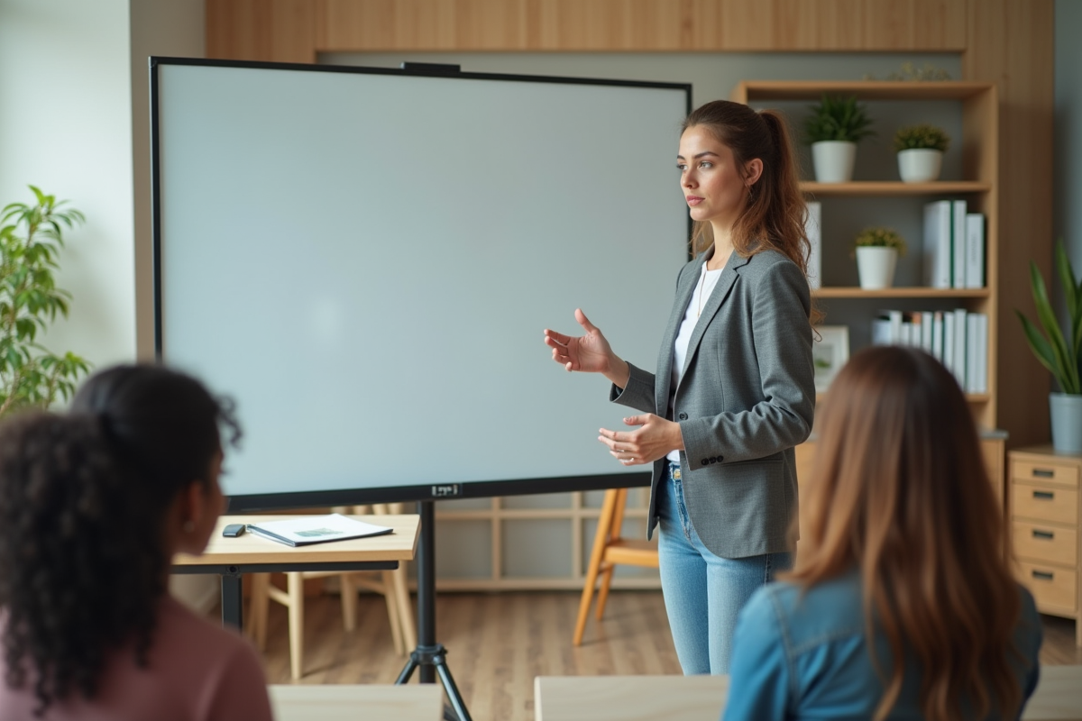 Jeune femme formatrice en atelier dans une salle contemporaine