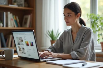 Femme suivant une formation en aménagement intérieur en ligne depuis son bureau à domicile