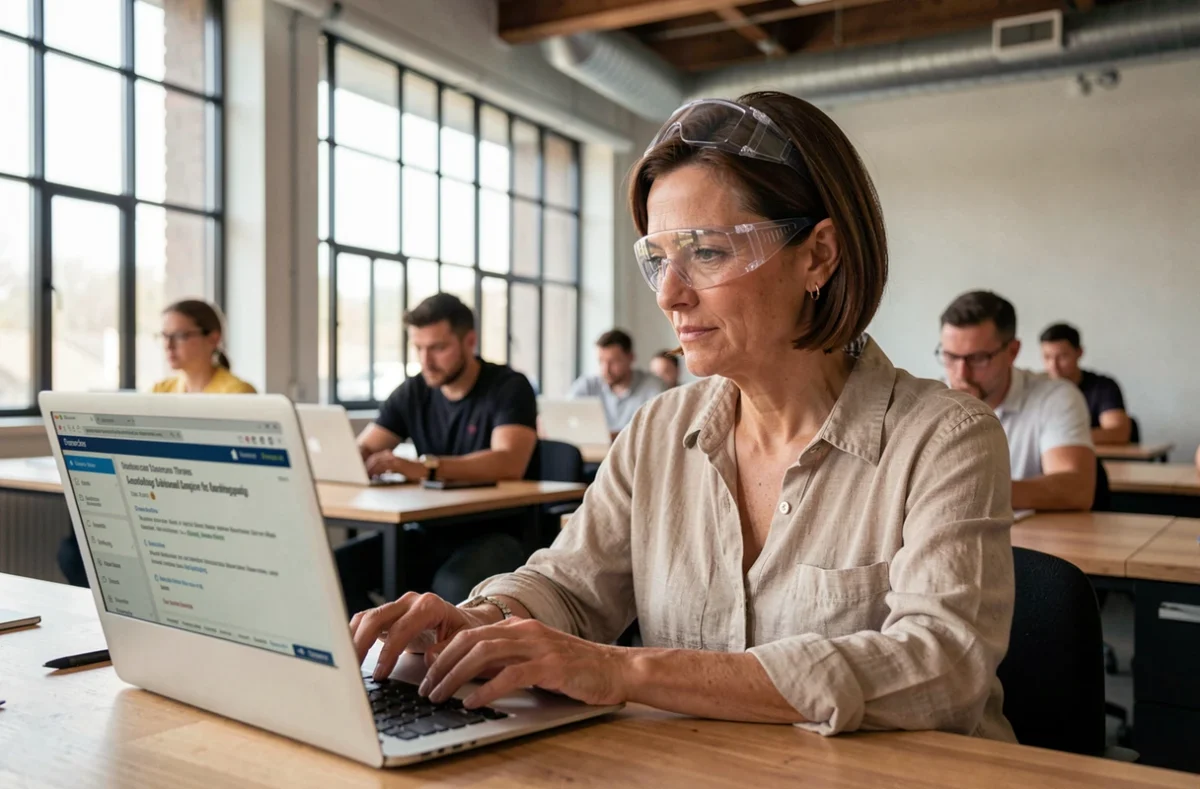 Une femme adulte en reconversion suit une formation en ligne aux métiers du bâtiment dans une salle de cours professionnelle moderne
