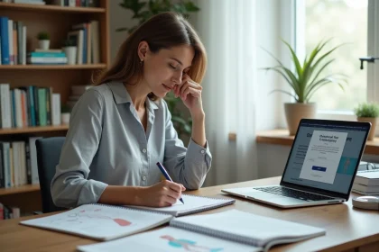 Femme en reconversion professionnelle étudiant l'ergothérapie à son bureau à domicile entouré de manuels et d'un ordinateur portable
