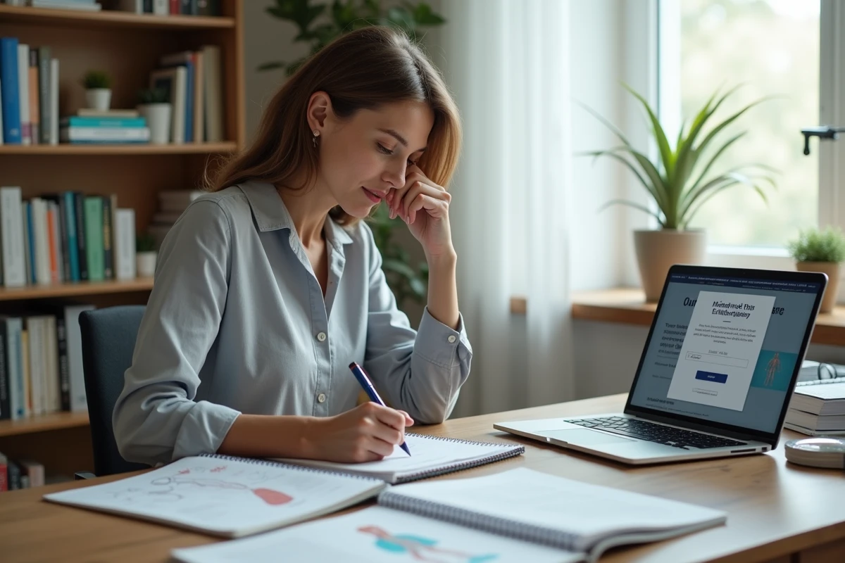 Femme en reconversion professionnelle étudiant l'ergothérapie à son bureau à domicile entouré de manuels et d'un ordinateur portable