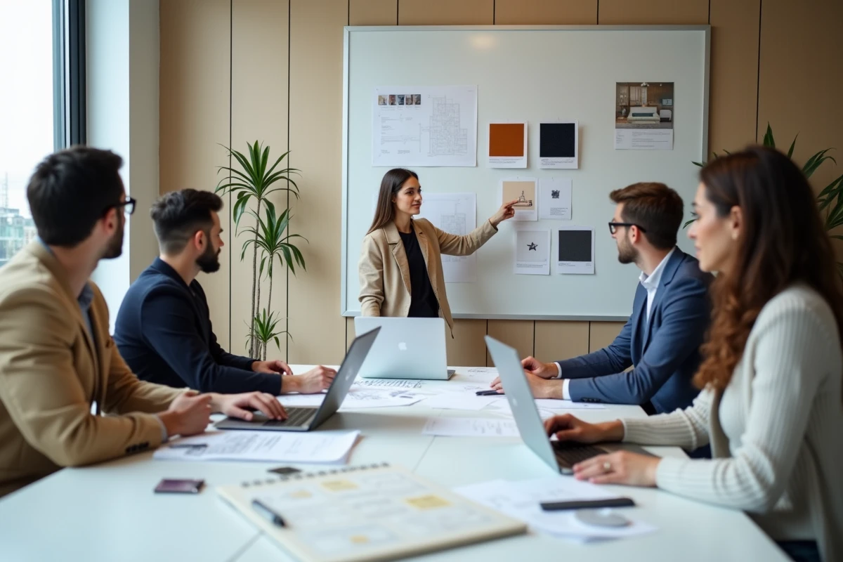 Groupe d'étudiants en formation présentielle d'aménagement intérieur autour d'une table de travail