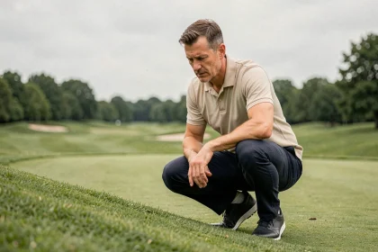 Golfeur concentré étudiant le green avant un putt lors d'une préparation à la carte verte