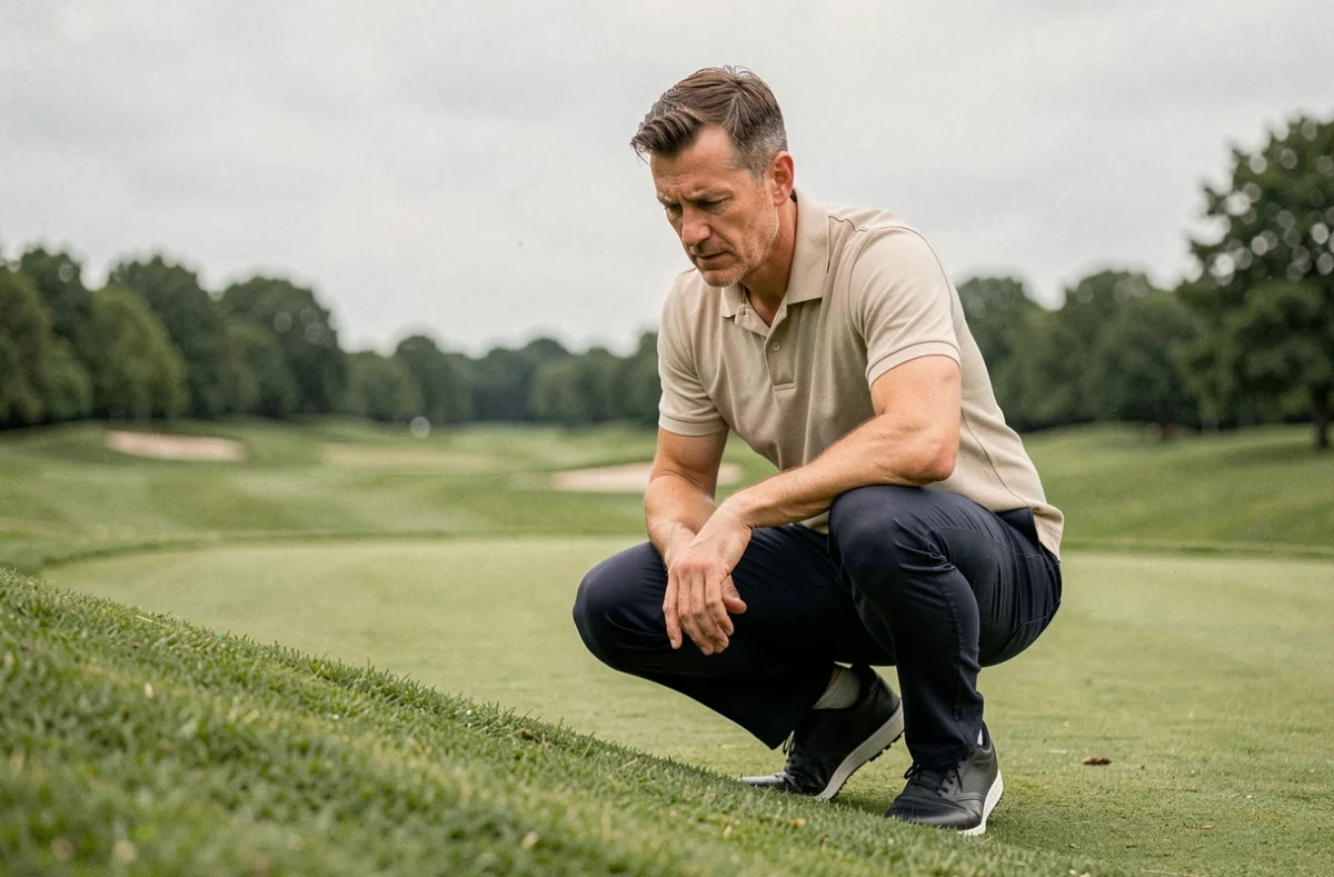 Golfeur concentré étudiant le green avant un putt lors d'une préparation à la carte verte