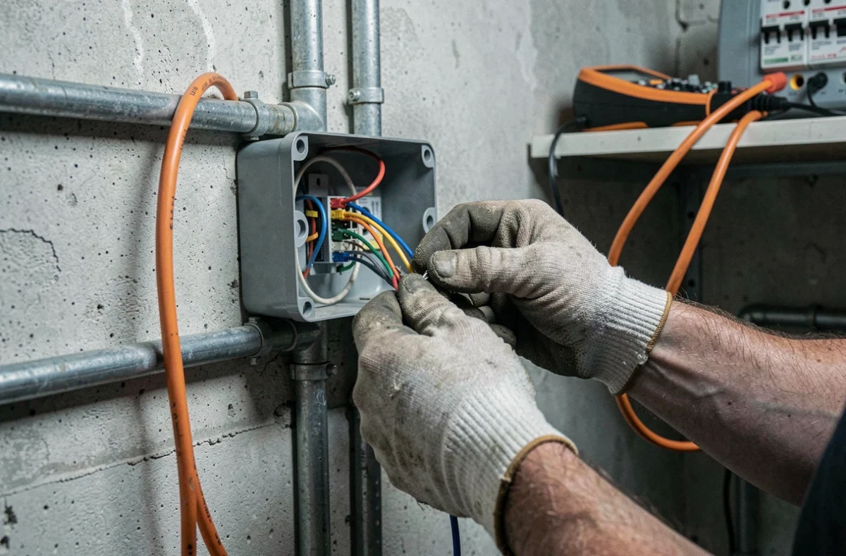 Gros plan sur des mains connectant des fils électriques dans un boîtier de dérivation, illustrant les gestes techniques appris lors d'un cours d'électricité pour bricoleurs en 2026