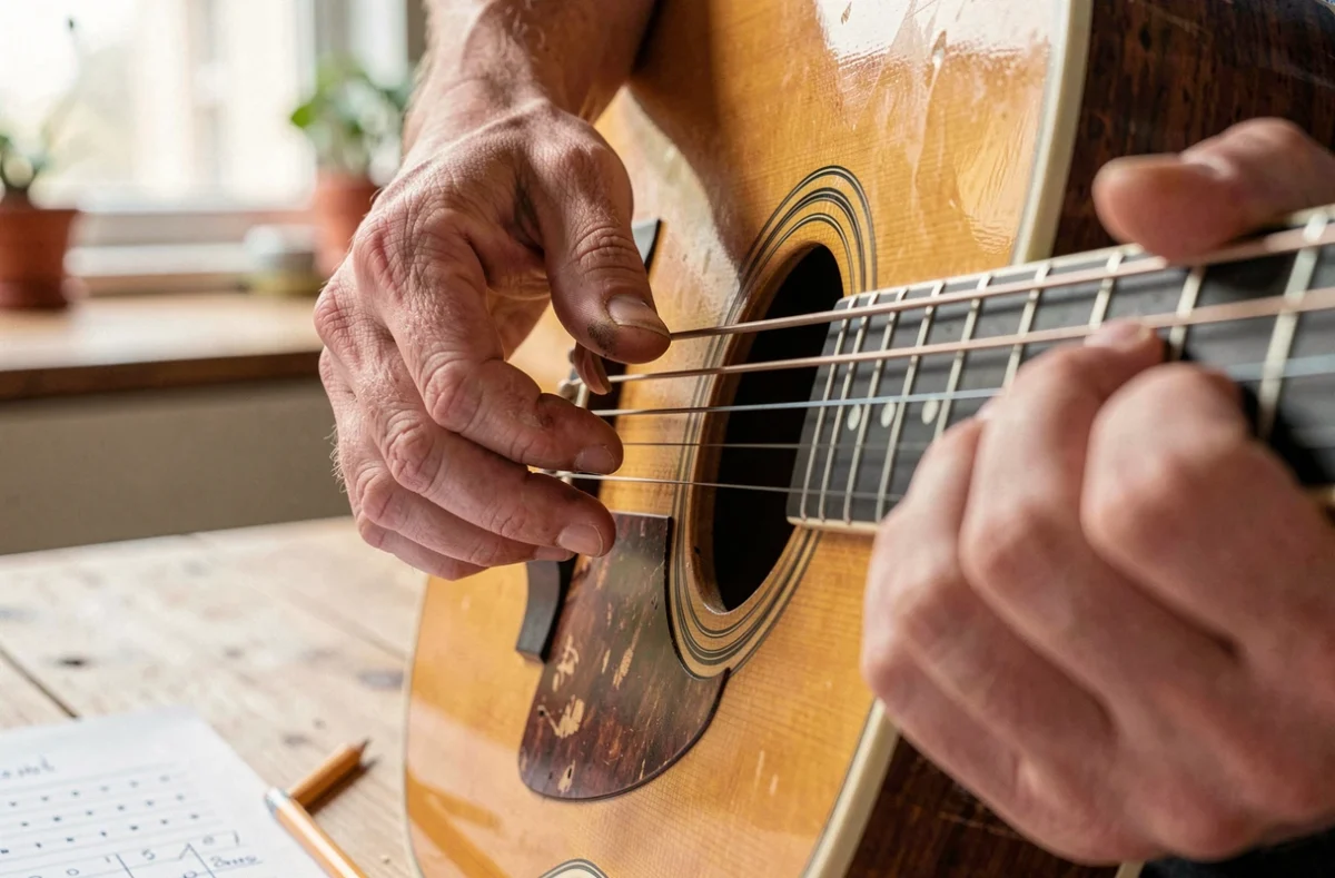 Gros plan sur des mains adultes formant un accord Gm simplifié sur une guitare acoustique en bois