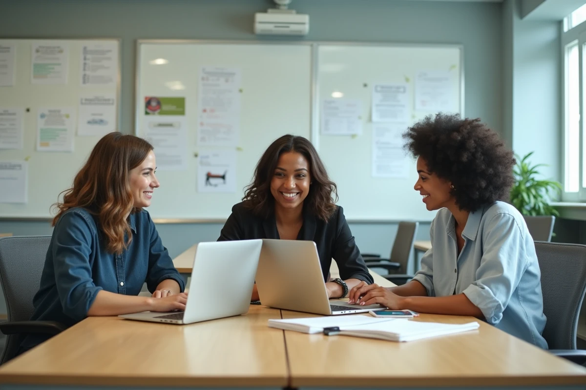 Groupe d'adultes en formation professionnelle courte dans une salle de classe moderne, collaborant autour de documents et d'ordinateurs portables