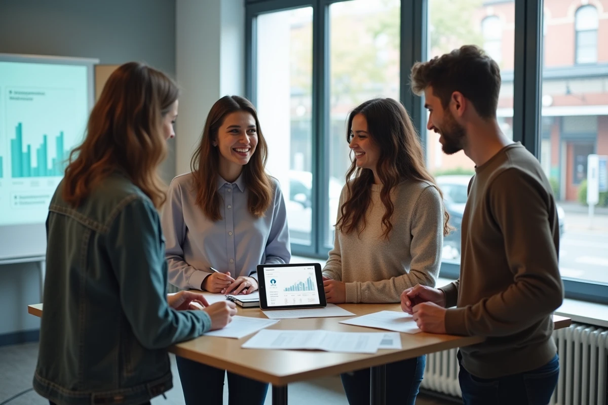 Groupe d'apprenants collaborant sur des projets numériques dans une salle de formation moderne de l'Académie Tic et Tac, symbole d'une pédagogie appréciée des recruteurs