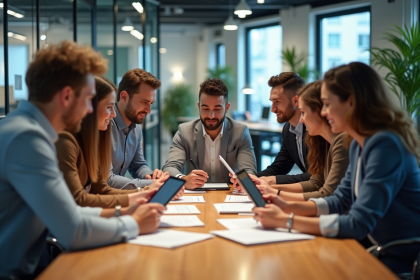 Groupe diversifié en réunion de travail dans un bureau moderne