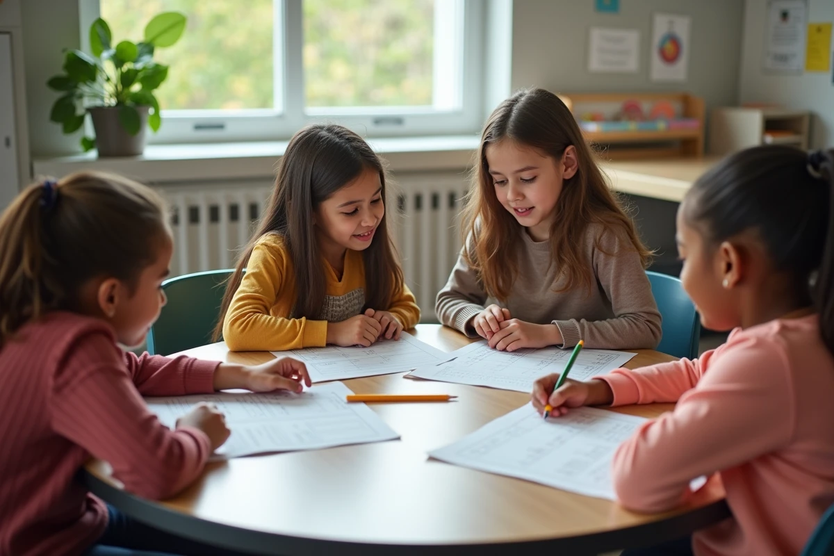 Trois élèves discutant autour d une table en classe
