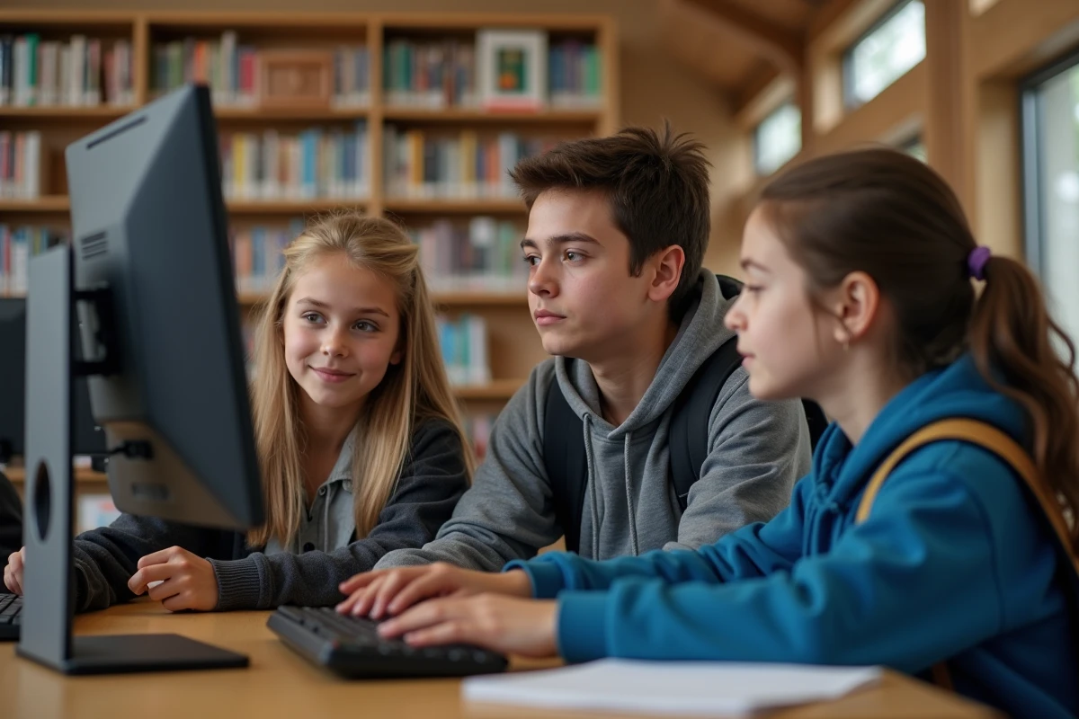 Groupe d'élèves consultant ensemble l'ENT Cybercollège de la Loire sur un ordinateur en CDI
