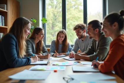 Groupe d'étudiants collaborant dans une salle moderne
