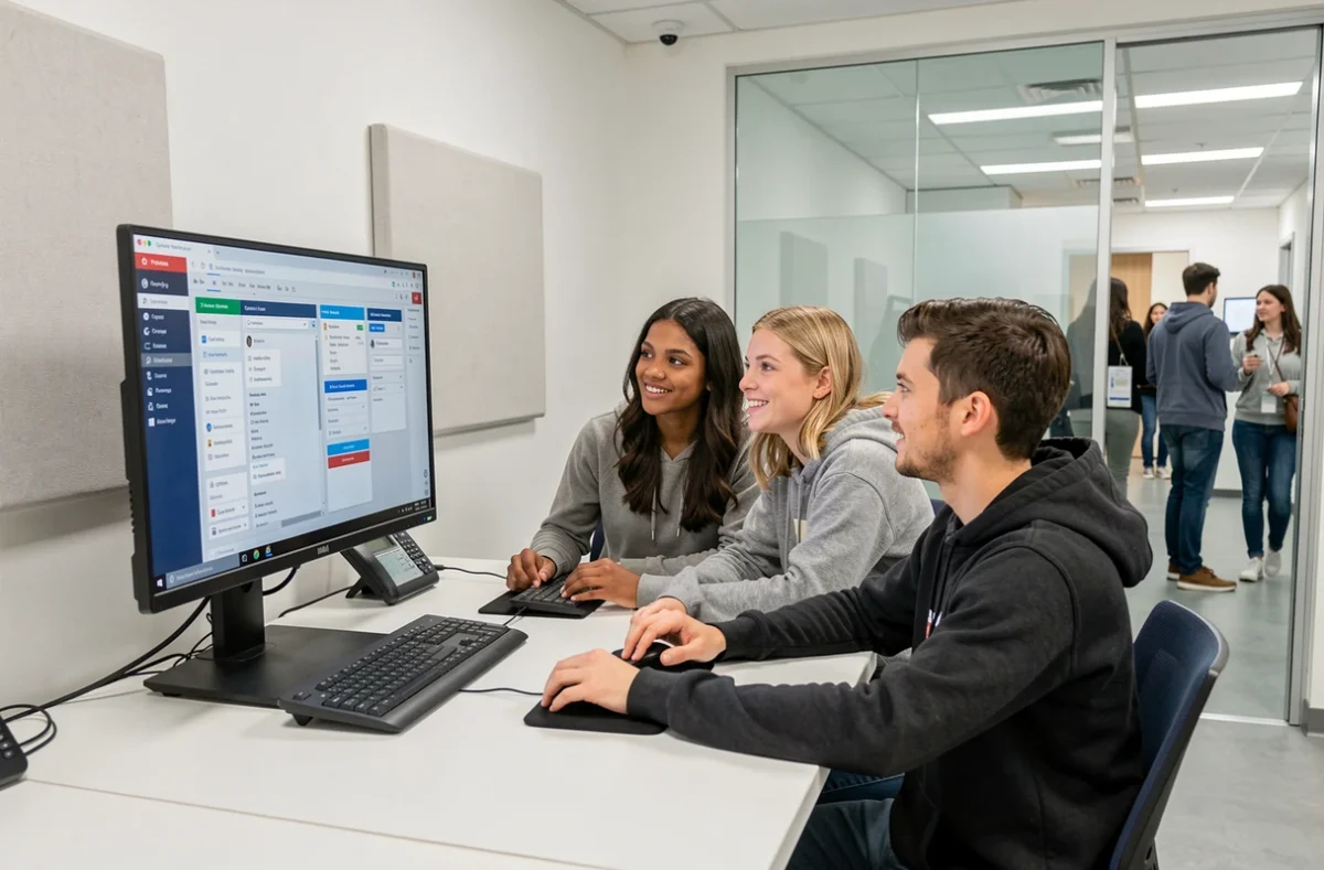 Groupe d'étudiants utilisant ensemble les nouveaux outils et services de l'ENT Sigma dans une salle collaborative universitaire