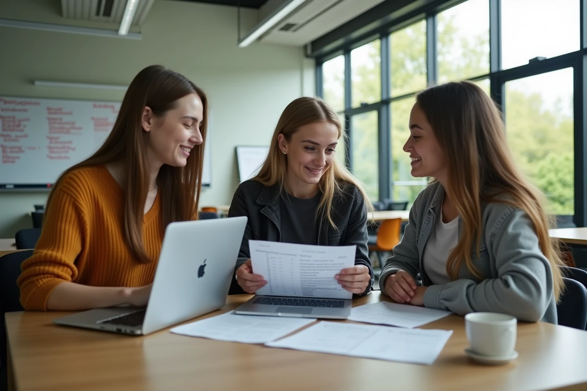 Groupe d'étudiants organisant leurs filières et emplois du temps universitaires ensemble dans une salle de travail à Angers