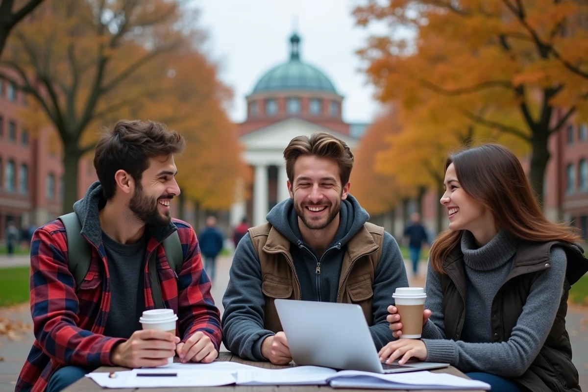 Groupe d'étudiants du MIT travaillant en extérieur sur le campus de Cambridge avec la coupole emblématique en arrière-plan