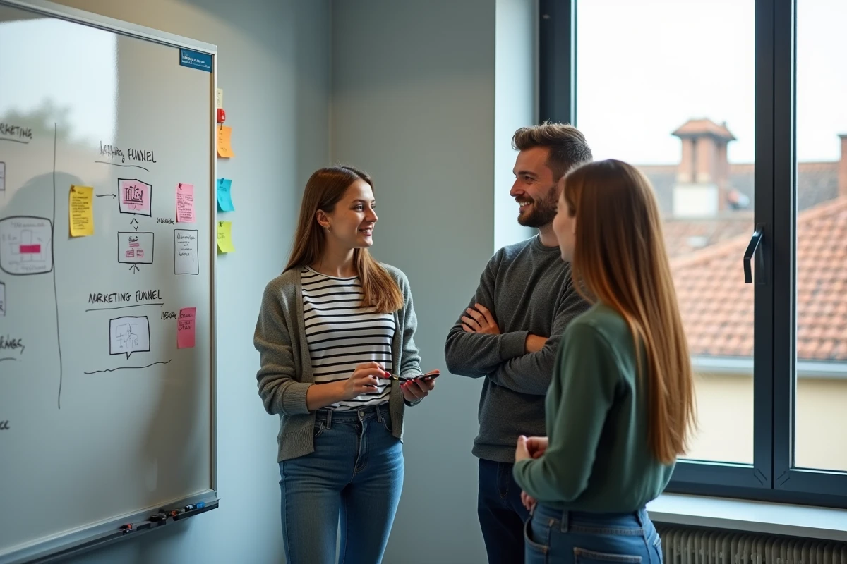Groupe d'étudiants en spécialisation marketing discutant d'une stratégie devant un tableau blanc dans une école de commerce à Bordeaux