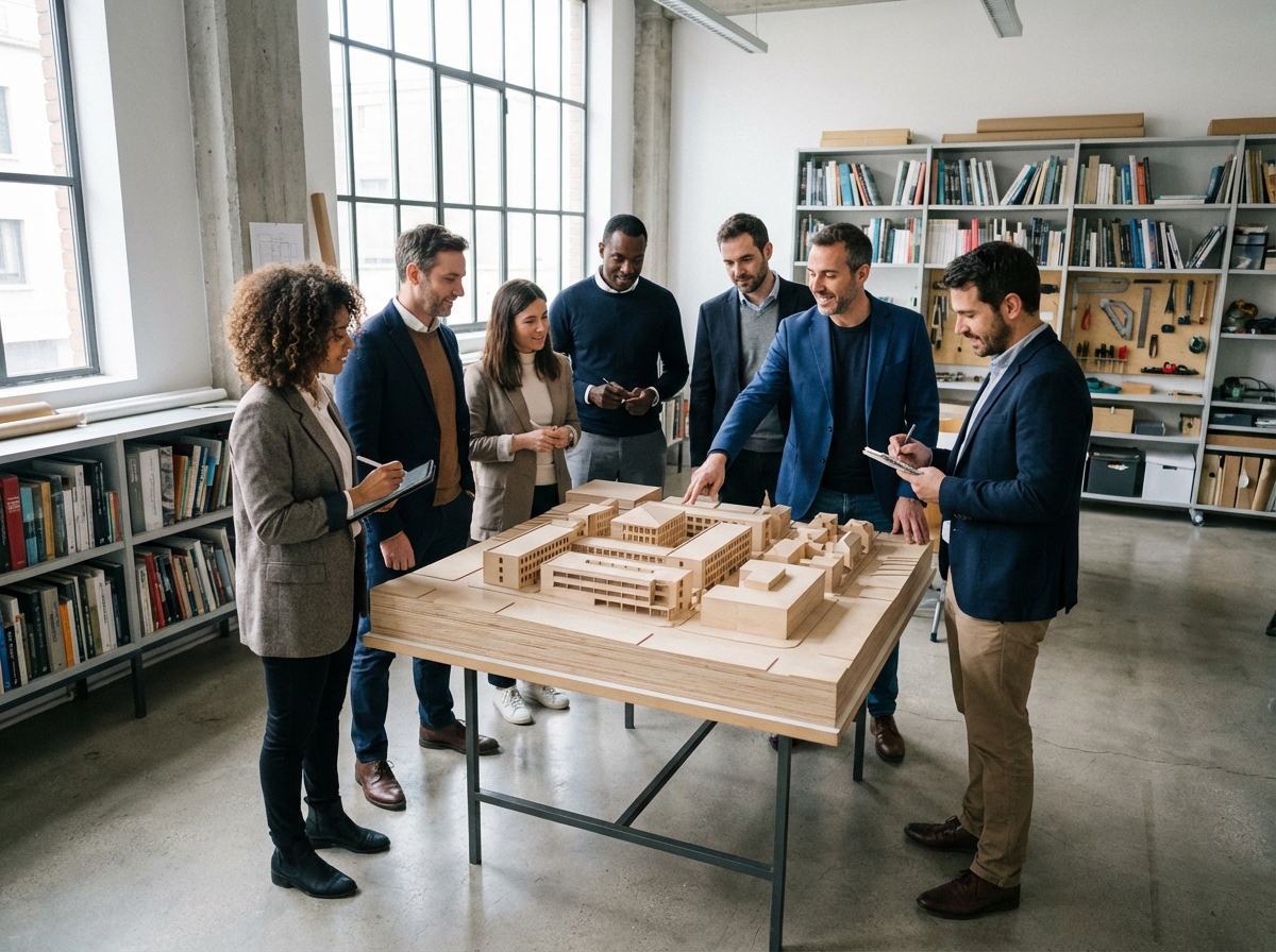 Groupe divers d adultes observant un modele architectural en classe